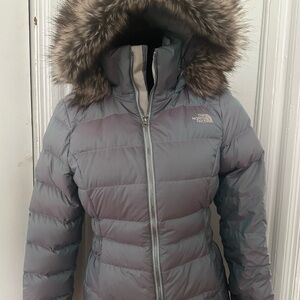The North Face Women's Silver Puffer Jacket with Fur Trim